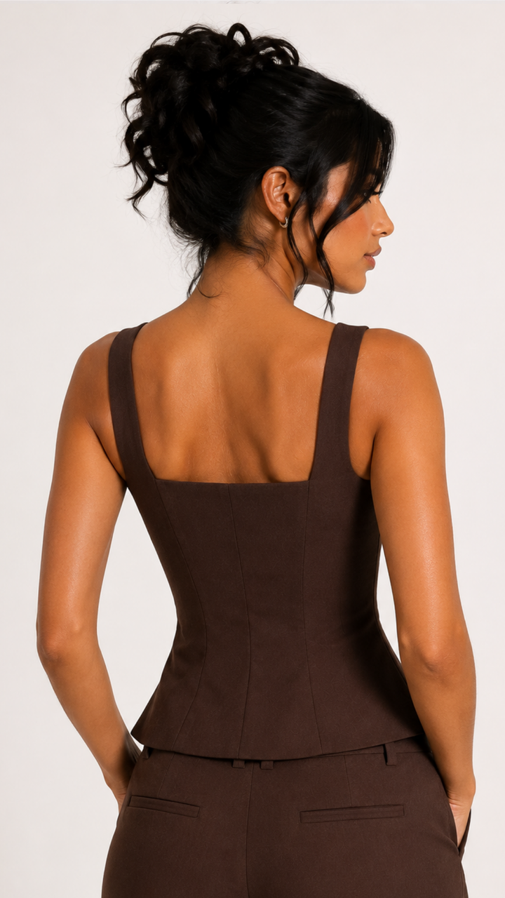Pia - Brown Button Down Peplum Top