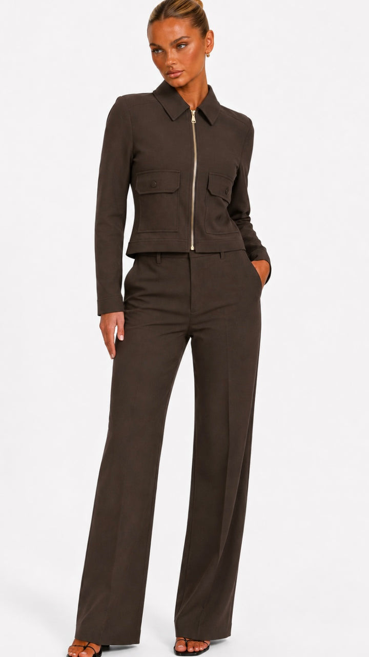 Eve - Brown Front Pocket Zip Front Jacket
