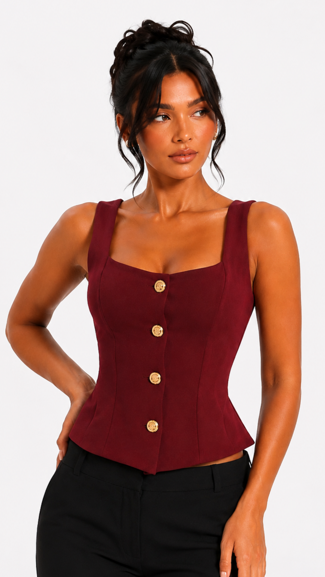 Pia - Burgundy Button Down Peplum Top