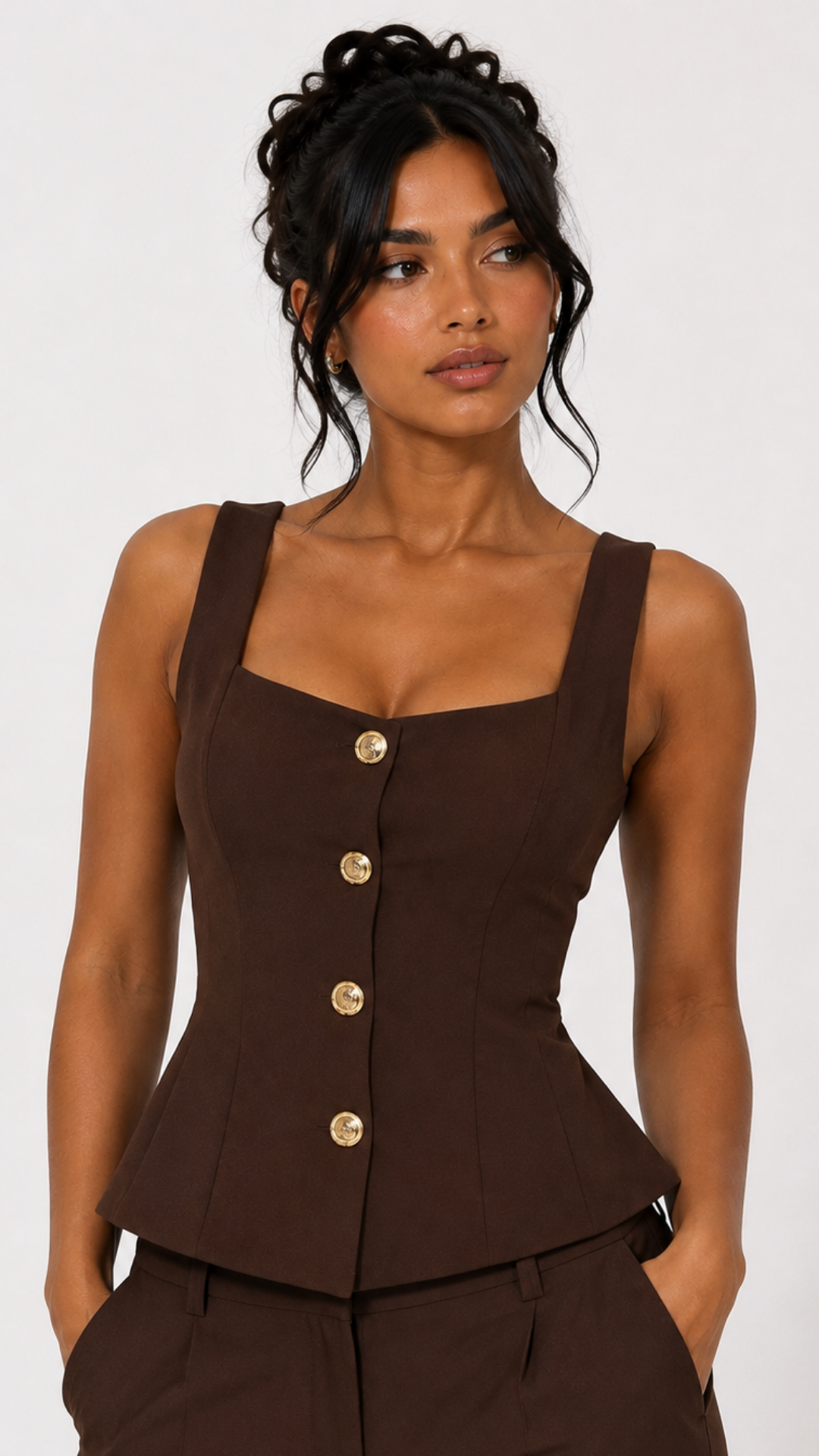 Pia - Brown Button Down Peplum Top