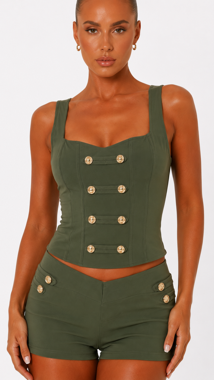 Kadie - Khaki Gold Button Shorts Co-Ord