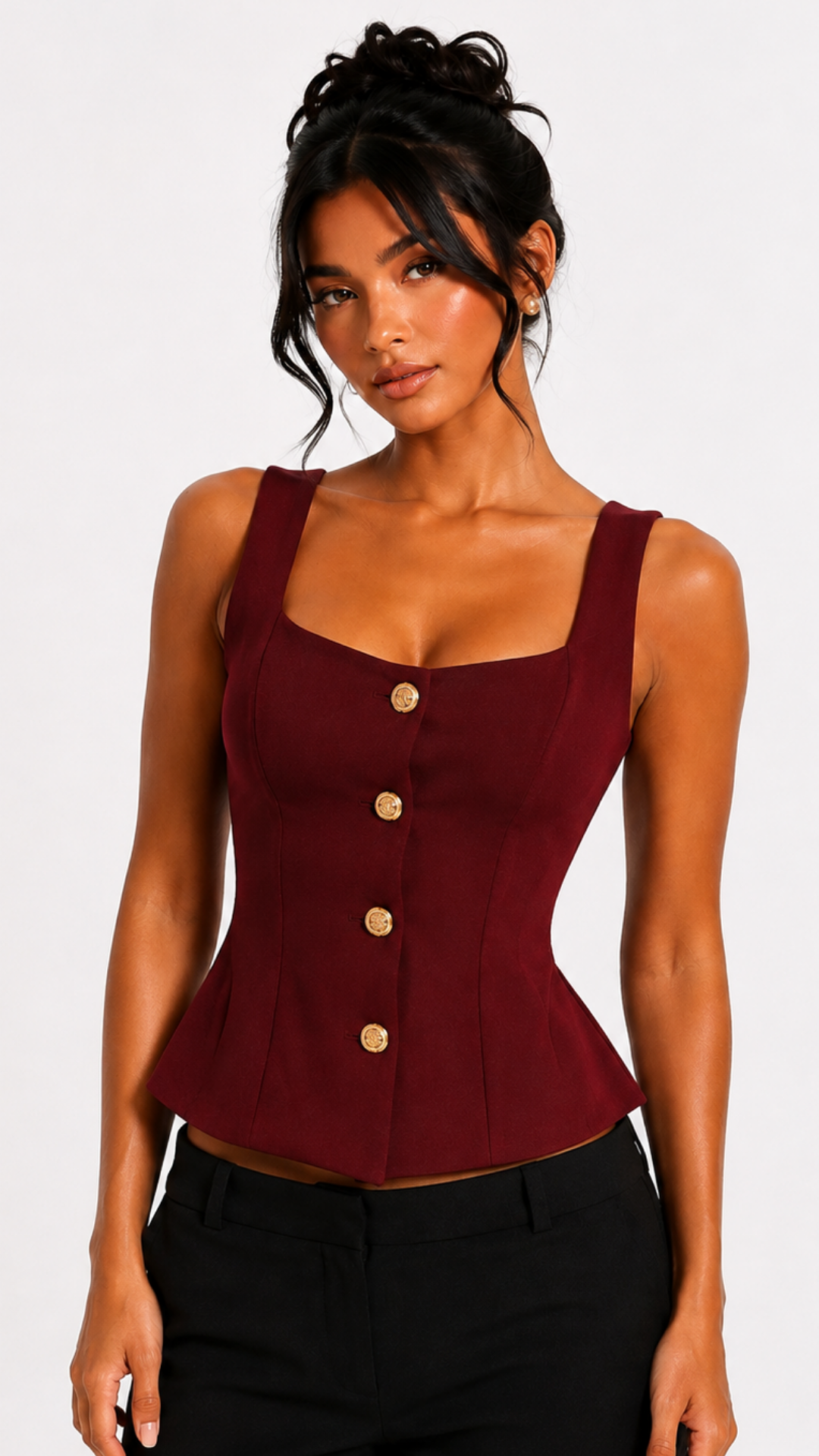 Pia - Burgundy Button Down Peplum Top