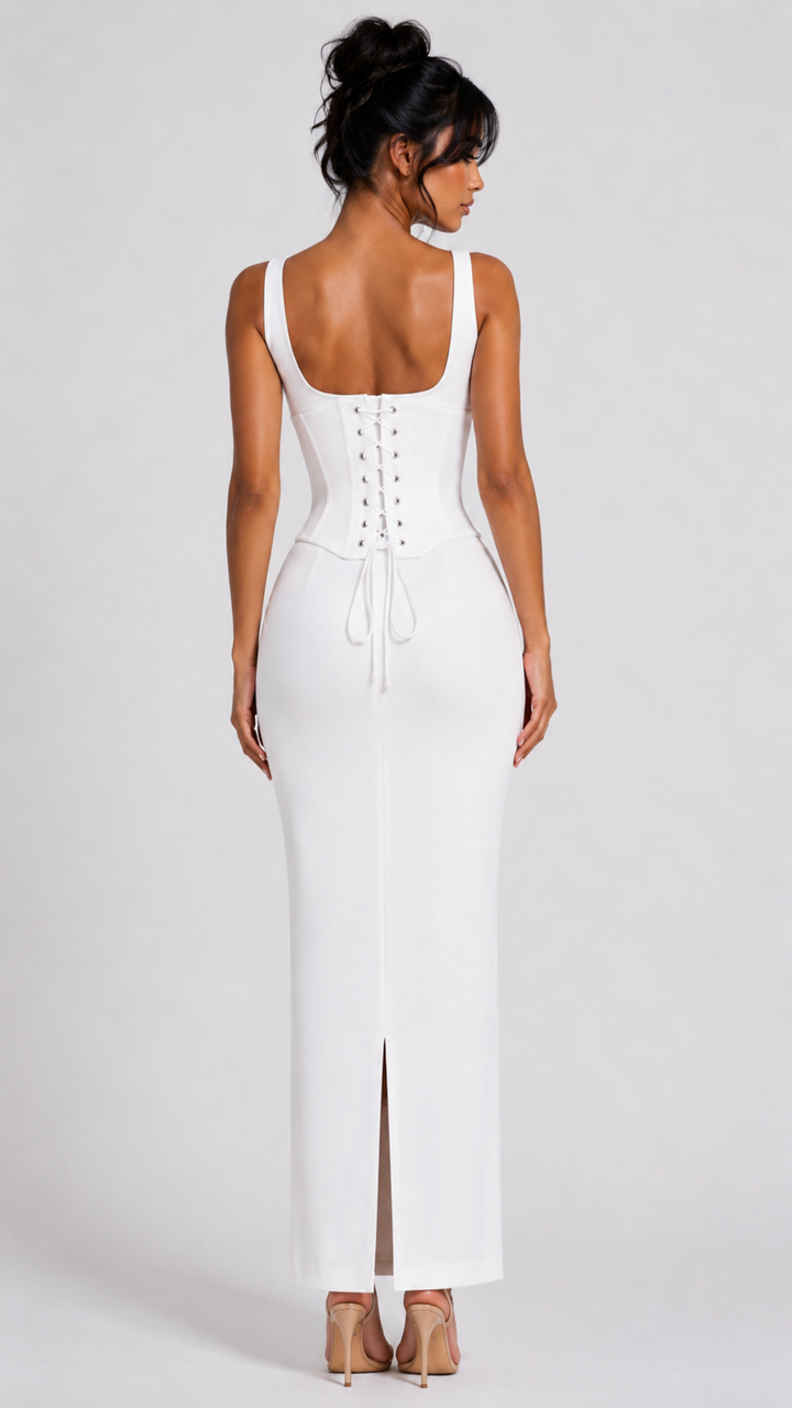 Lucy - White Corset Slit Back Maxi