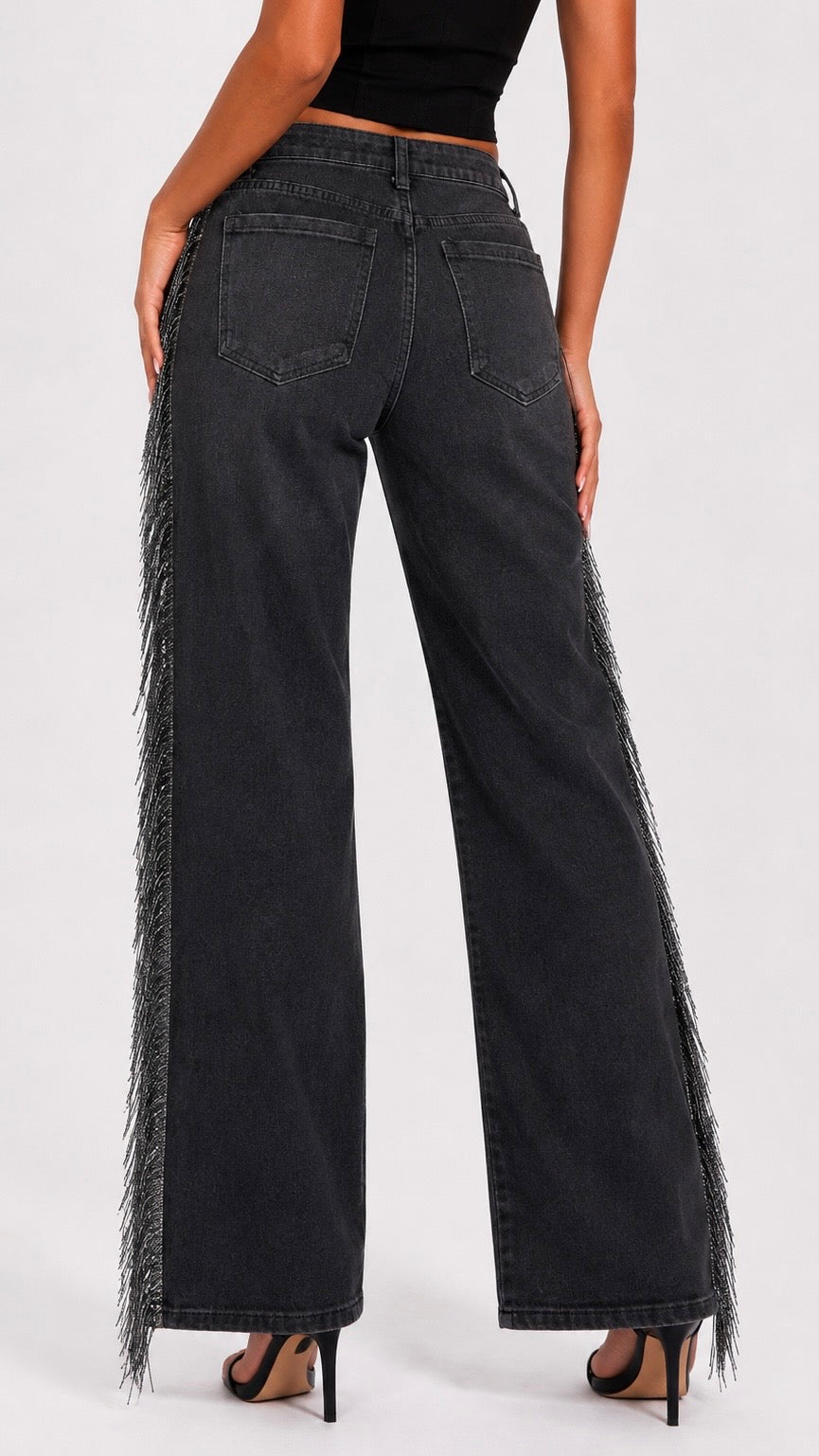 Dolly - Western Lurex Fringe Wide Leg Black Denim Jeans