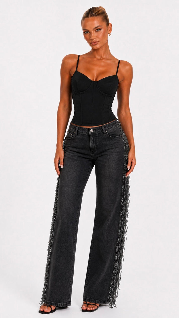 Dolly - Western Lurex Fringe Wide Leg Black Denim Jeans