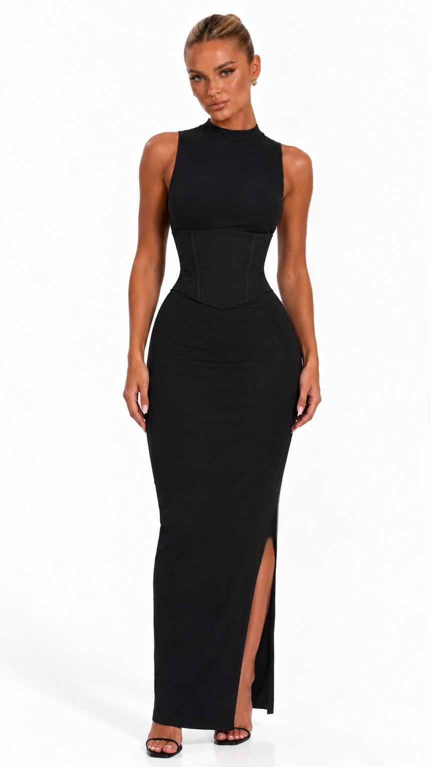 Lina - Black Corset Side Slit Maxi