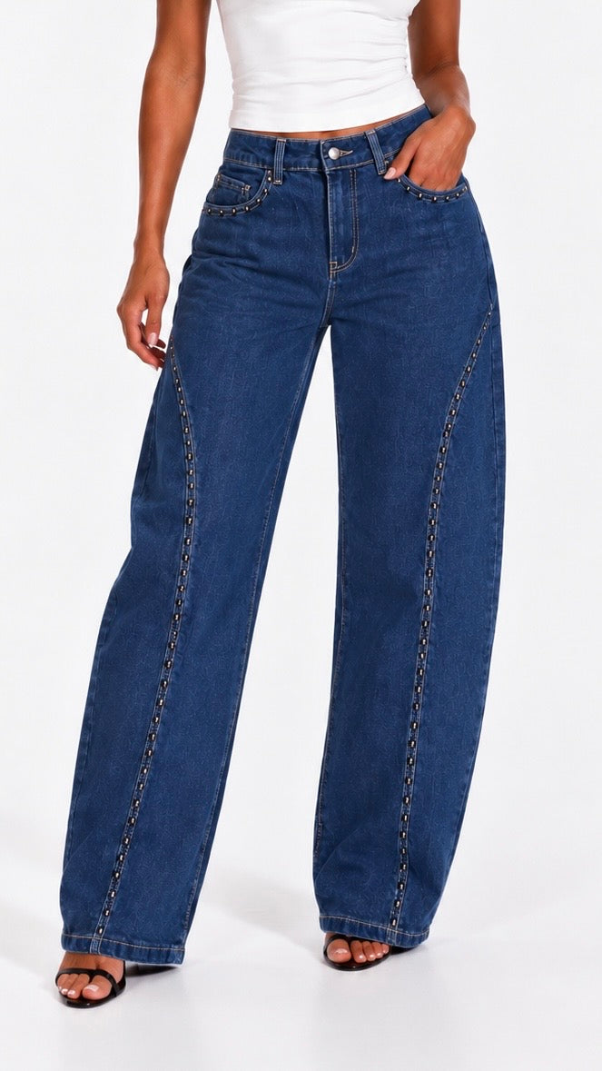 Dixie - Indigo Stud Barrell Leg Jeans