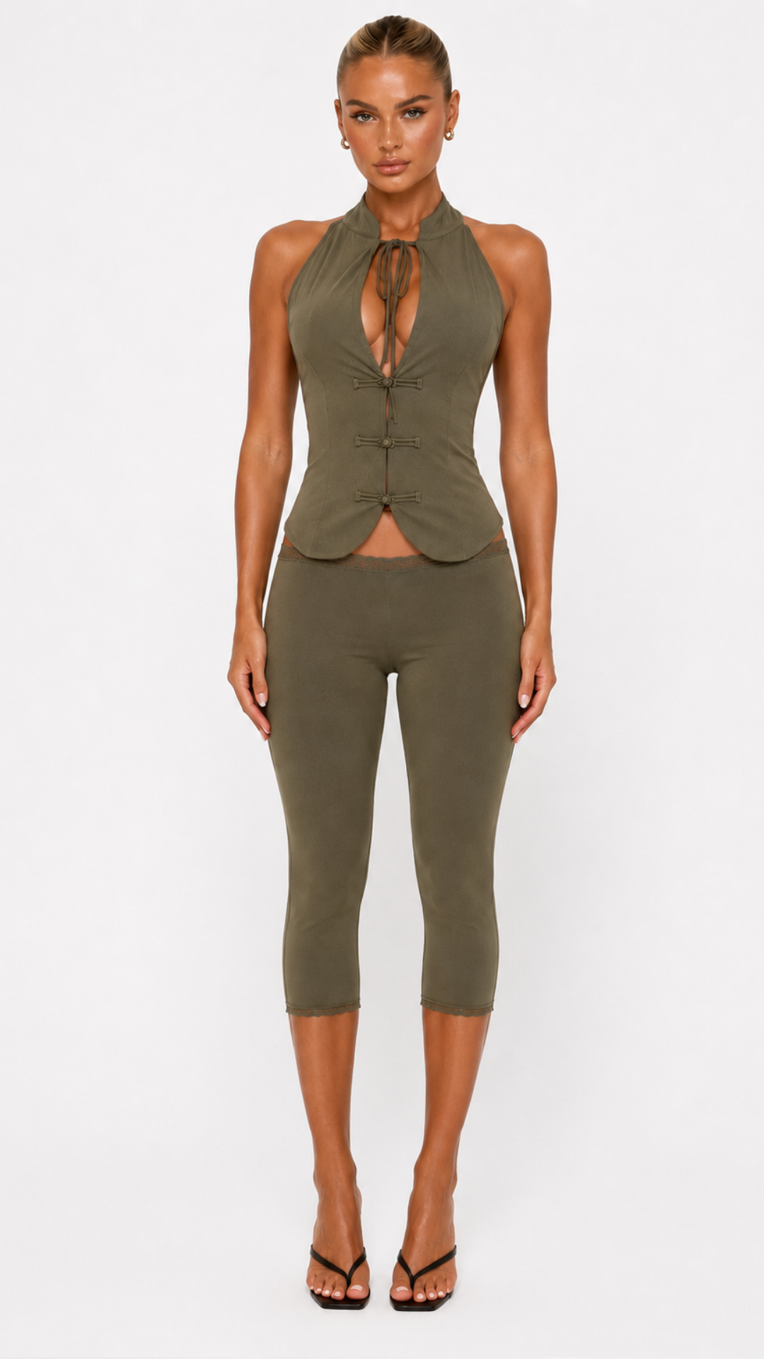 Arabella - Khaki Tie Detail Capri Co-Ord