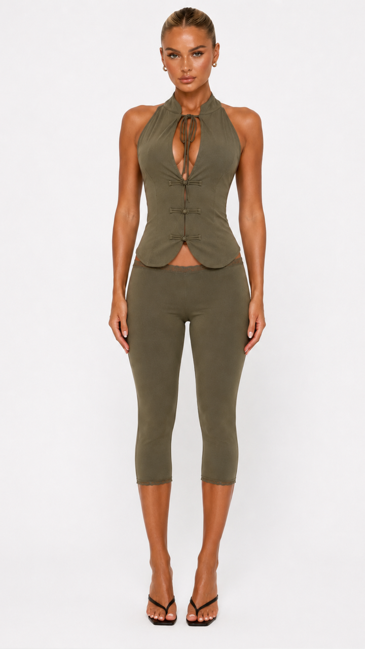 Arabella - Khaki Tie Detail Capri Co-Ord
